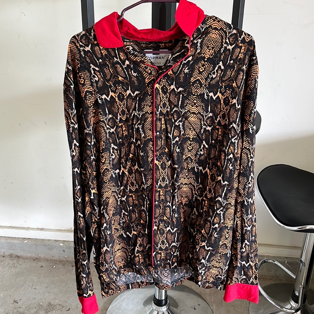 Button down red and print dress shirt - loose fit